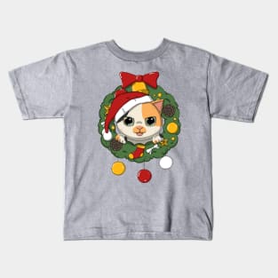 Cute Calico Cat In Christmas Wreath Kids T-Shirt